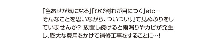 色あせが気になる」「ひび割れが目につく」etc…そんなことを思いながら、ついつい見て見ぬふりをしていませんか？